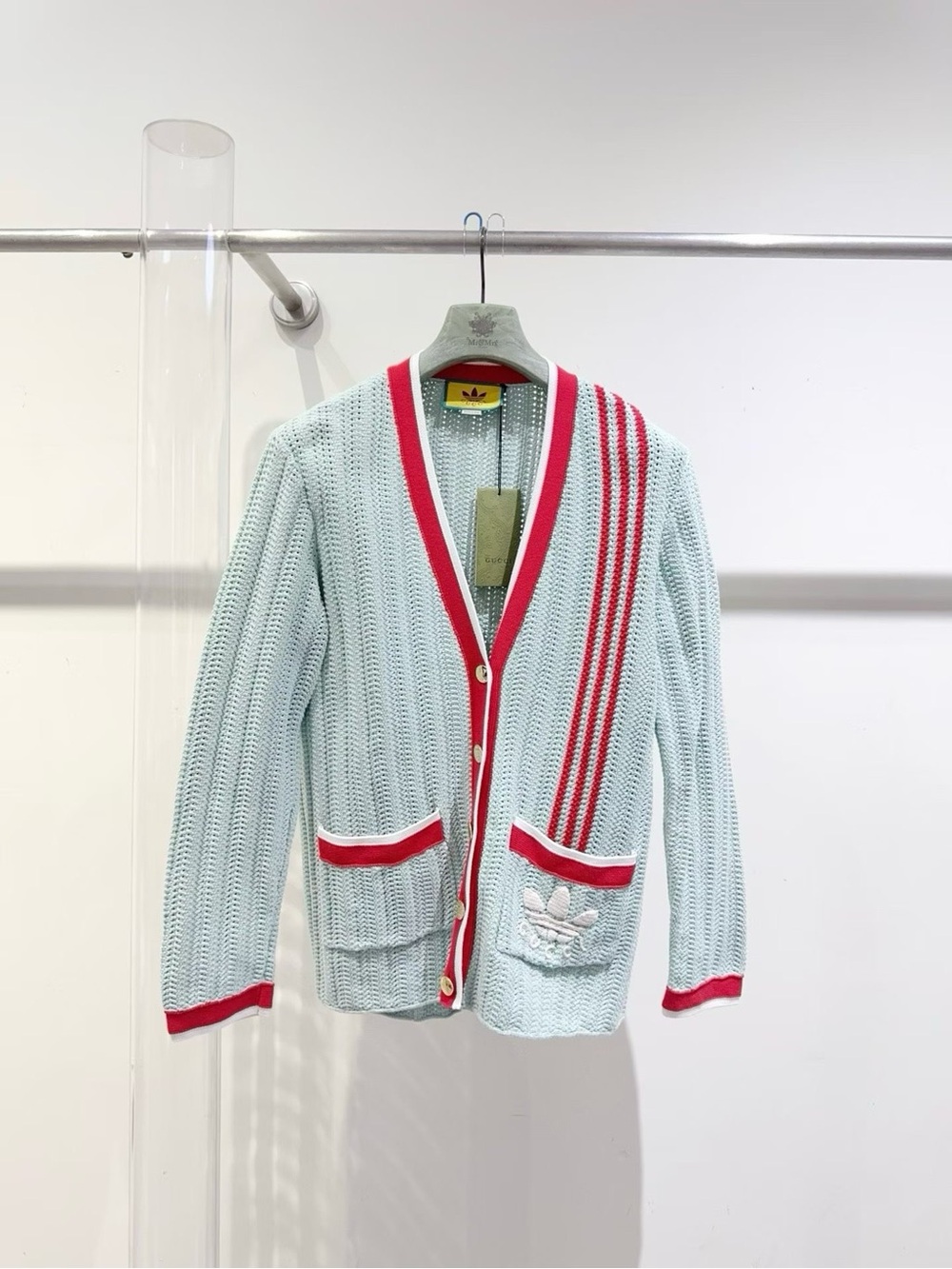 🚩steal adidas Light Blue Knit Cardigan with Red Trim and Stripe Detailing